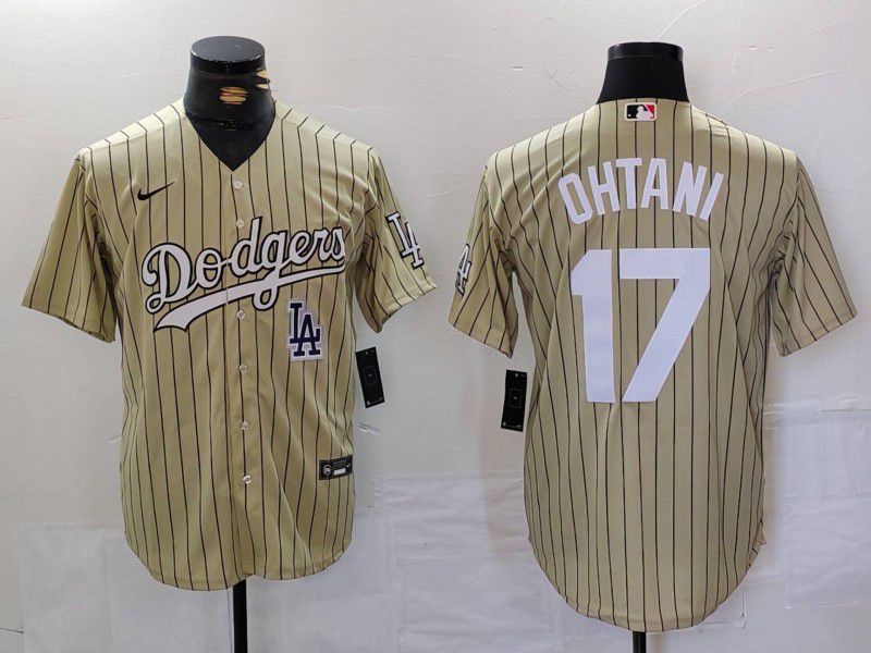 Men Los Angeles Dodgers #17 Ohtani Green Stripe Fashion Nike Game MLB Jersey style 70610